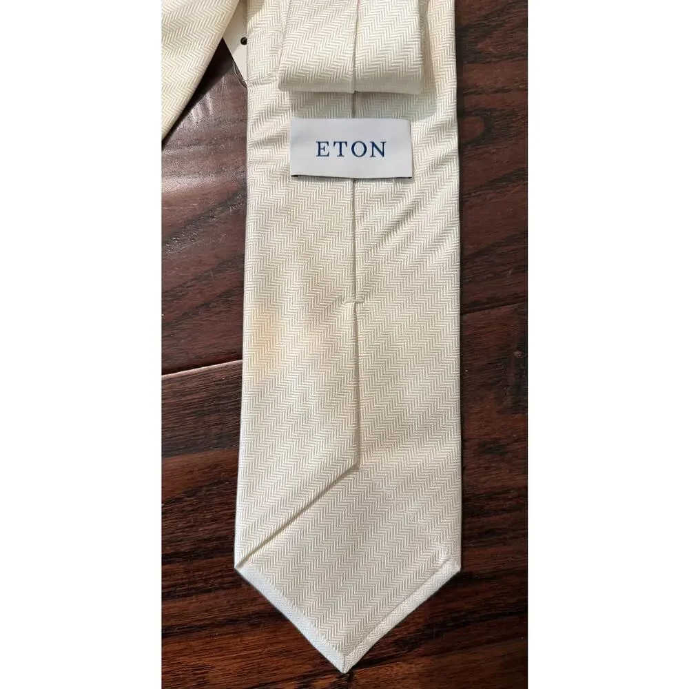 $195 Eton Men's Ivory Herringbone Silk Tie Off White Formal Wedding NWT Italy